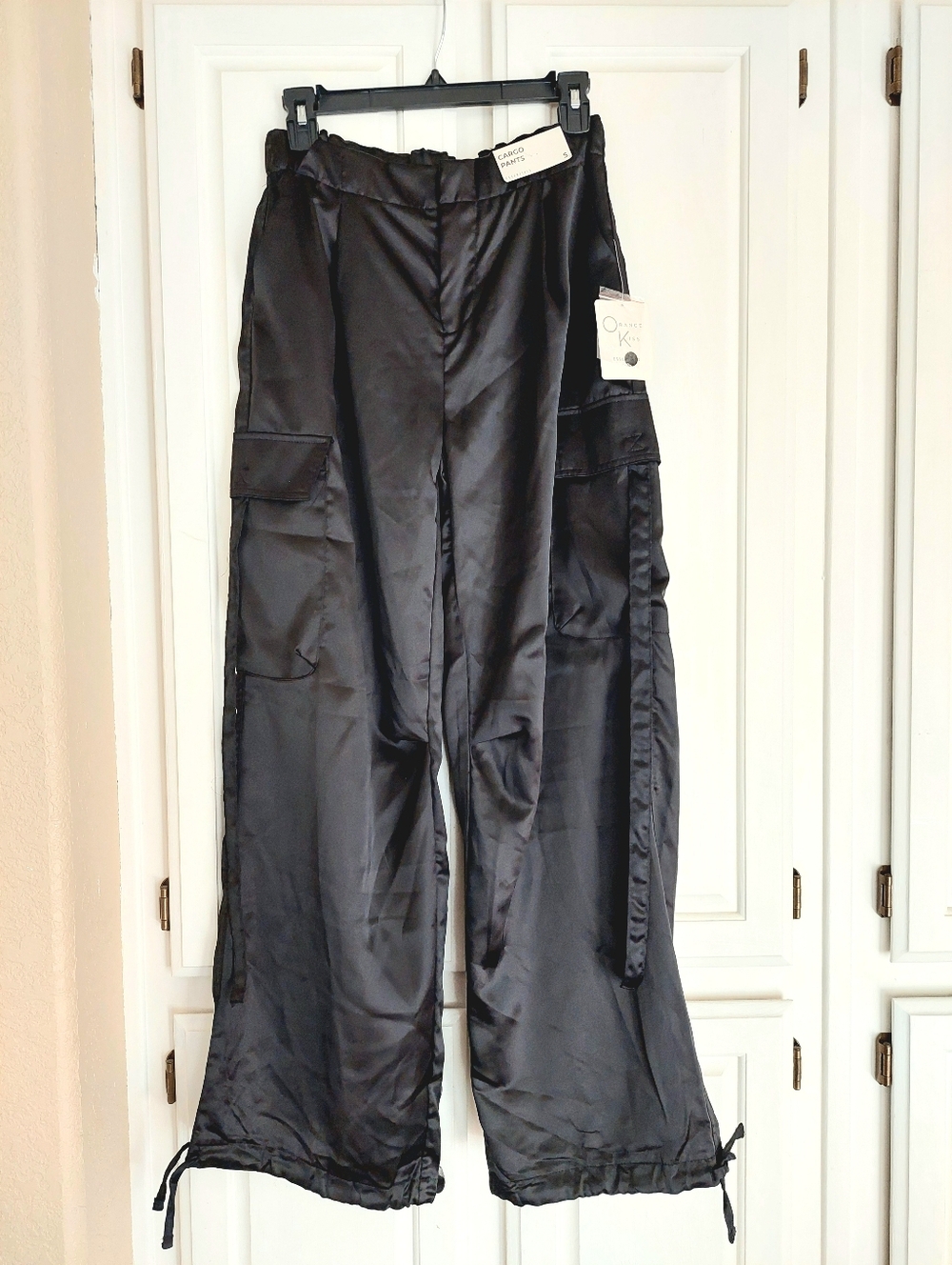 Orange Kiss Essentials Black Satin Cargo Pants Size S NWT